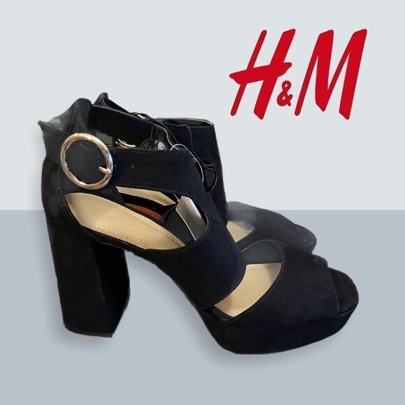 NWT H&M Black Suede Block Heels 8.5 - Picture 2 of 4